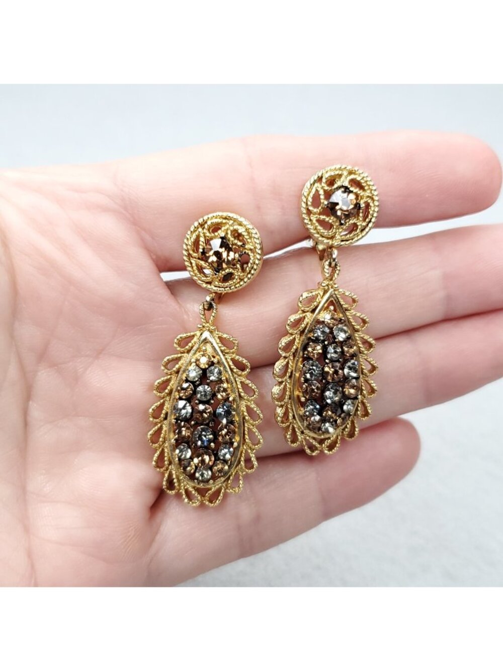 Vintage Rhinestone Earrings Dangle Gold Tone Filigree Brown Gray 1.75"